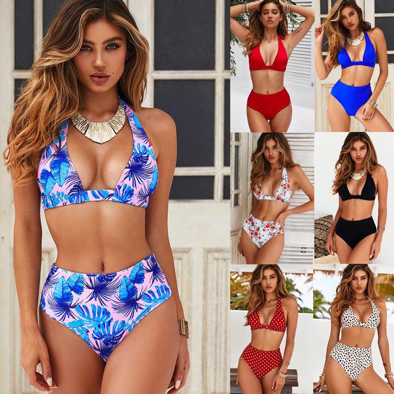 High-Waist Printed Split Bikini Swimsuit – European & American Styles