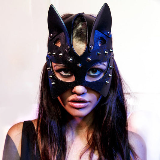 Catwomen Leather Mask with Silver Rivets - Bold Bondage Mask for Roleplay & Fashion