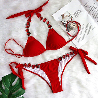 Elegant Bikini with Metal Chain and Diamond Accents