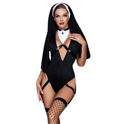 Sexy Halloween Nun Costume Set - Black Jumpsuit & Headgear | Sexy Roleplay Outfit