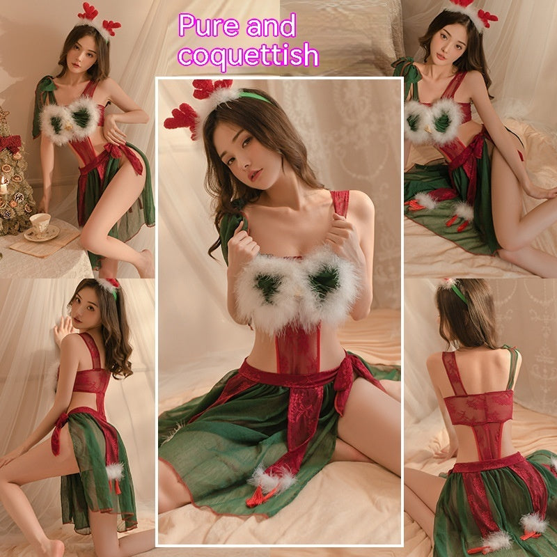 Sexy Christmas Deer Roleplay Costume - Festive Onesie with Skirt and Headpiece