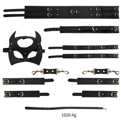 Women's Leather Bondage Set - Red, Black & Pink | Fashionable Restraint Kit with Mask, Cuffs, Collar & Rope