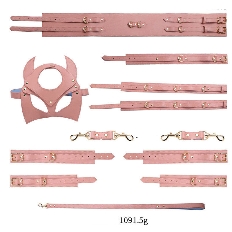 Women's Leather Bondage Set - Red, Black & Pink | Fashionable Restraint Kit with Mask, Cuffs, Collar & Rope