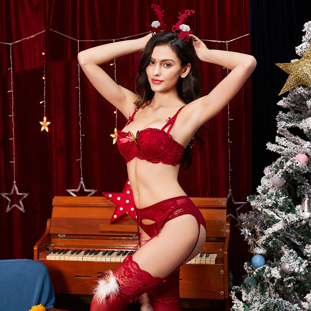 Christmas Red Bra Set with Natal Dress – 4 Piece Lingerie Set