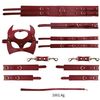 Women's Leather Bondage Set - Red, Black & Pink | Fashionable Restraint Kit with Mask, Cuffs, Collar & Rope