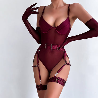 Sexy Mesh Splicing Body Shaping Jumpsuit with Gloves - Women's Transparent Bodysuit