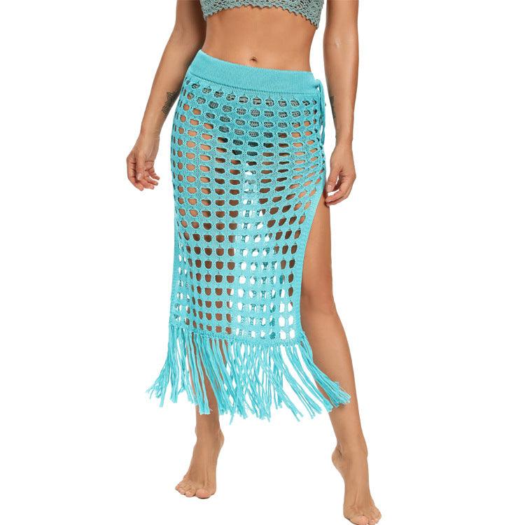 Sexy See-Through Hollow Knitted Beach Skirt with Fringe