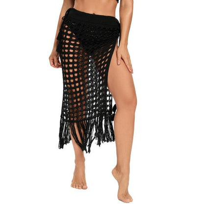 Sexy See-Through Hollow Knitted Beach Skirt with Fringe