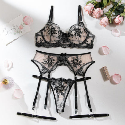 Naughty Lingerie Mesh Embroidered Floral Sexy Underwear Set for Women