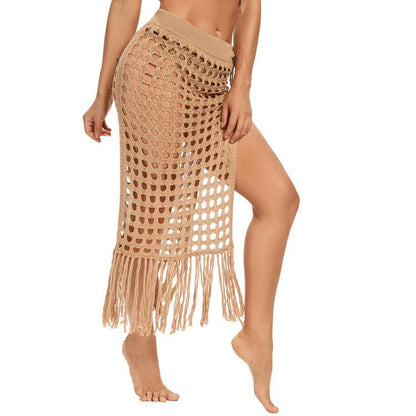 Sexy See-Through Hollow Knitted Beach Skirt with Fringe