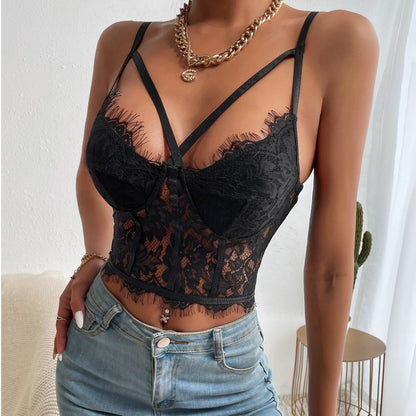 Women's Sexy Lace Corset – Elegant Eyelash Lace V-Neck Camisole with Hollow-Out Design