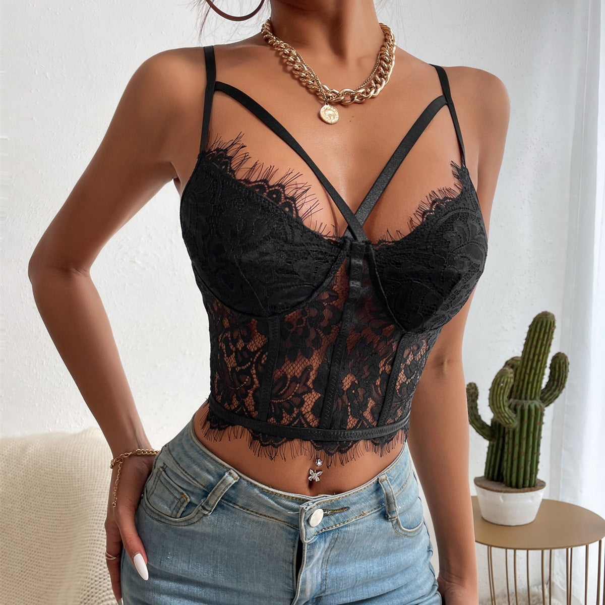 Women's Sexy Lace Corset – Elegant Eyelash Lace V-Neck Camisole with Hollow-Out Design