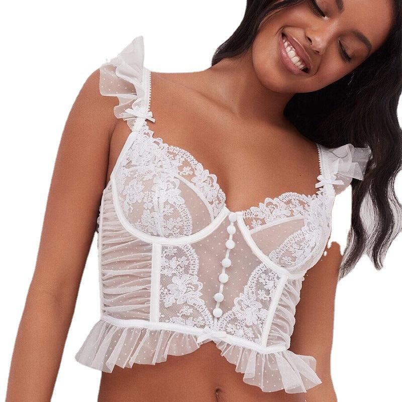 French Vest Style Lace Bra Set - Sexy Ultra-Thin Mold Cup with Adjustable Strap