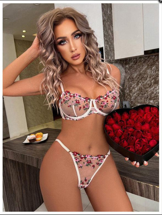 Sexy Lace Lingerie Set with Embroidered Flowers – Passionate Mesh Dress