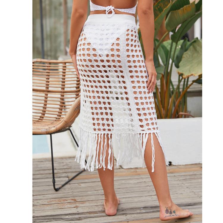 Sexy See-Through Hollow Knitted Beach Skirt with Fringe