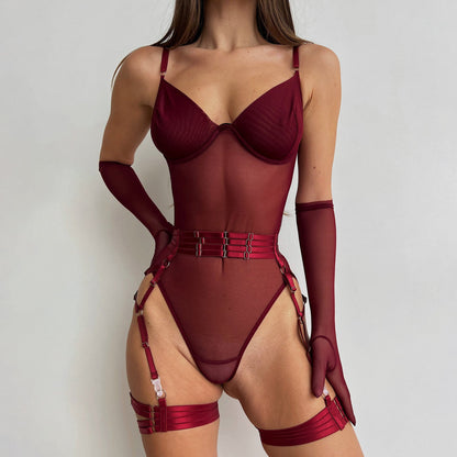 Sexy Mesh Splicing Body Shaping Jumpsuit with Gloves - Women's Transparent Bodysuit