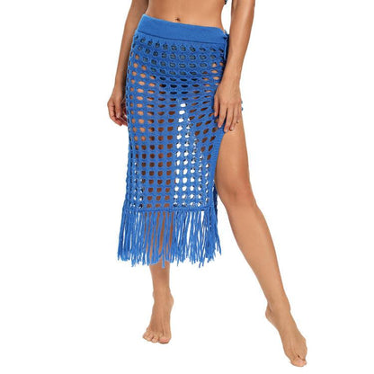 Sexy See-Through Hollow Knitted Beach Skirt with Fringe