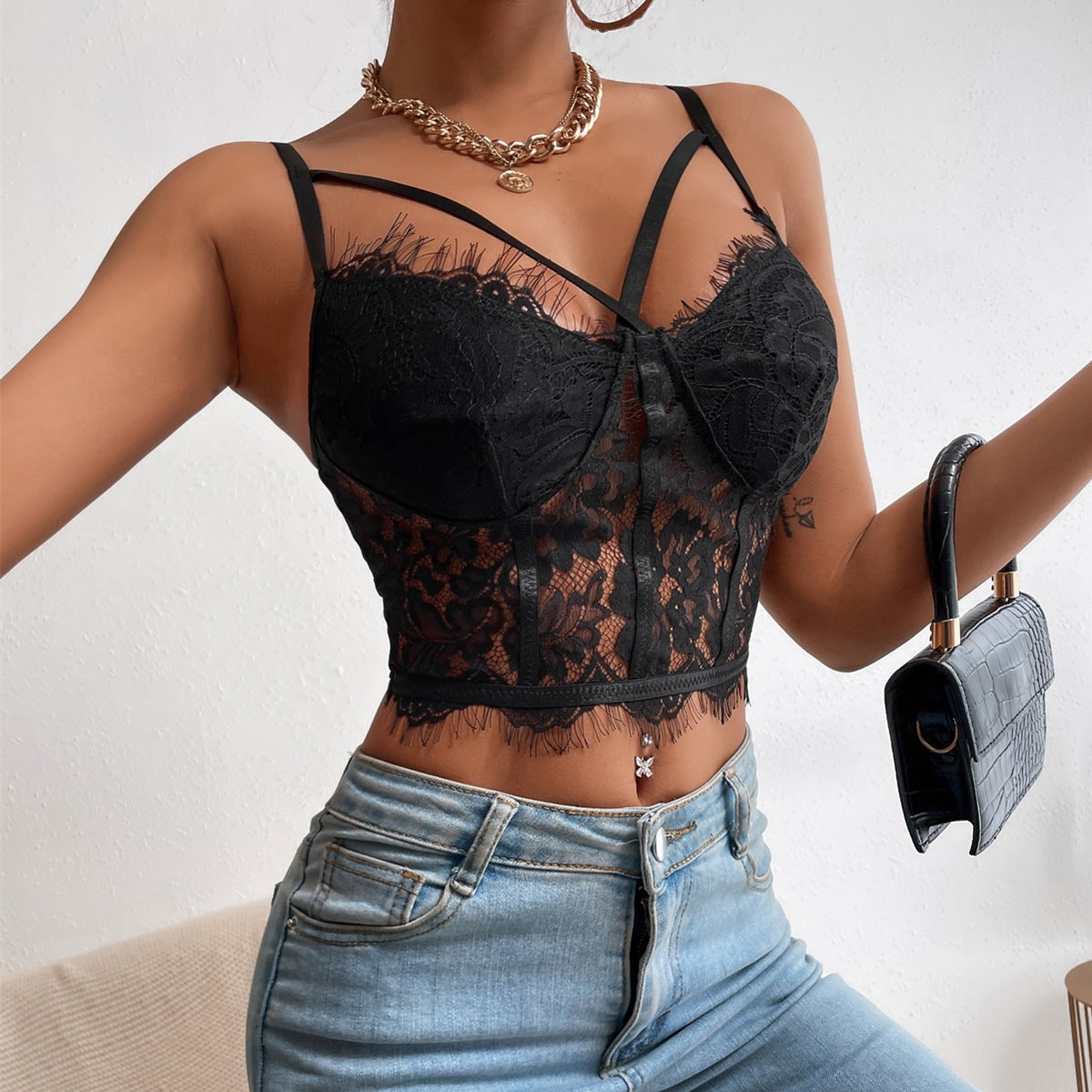 Women's Sexy Lace Corset – Elegant Eyelash Lace V-Neck Camisole with Hollow-Out Design