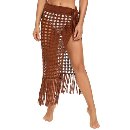 Sexy See-Through Hollow Knitted Beach Skirt with Fringe