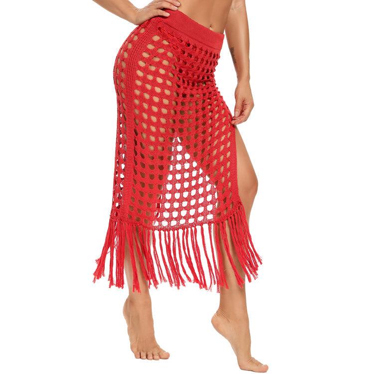 Sexy See-Through Hollow Knitted Beach Skirt with Fringe